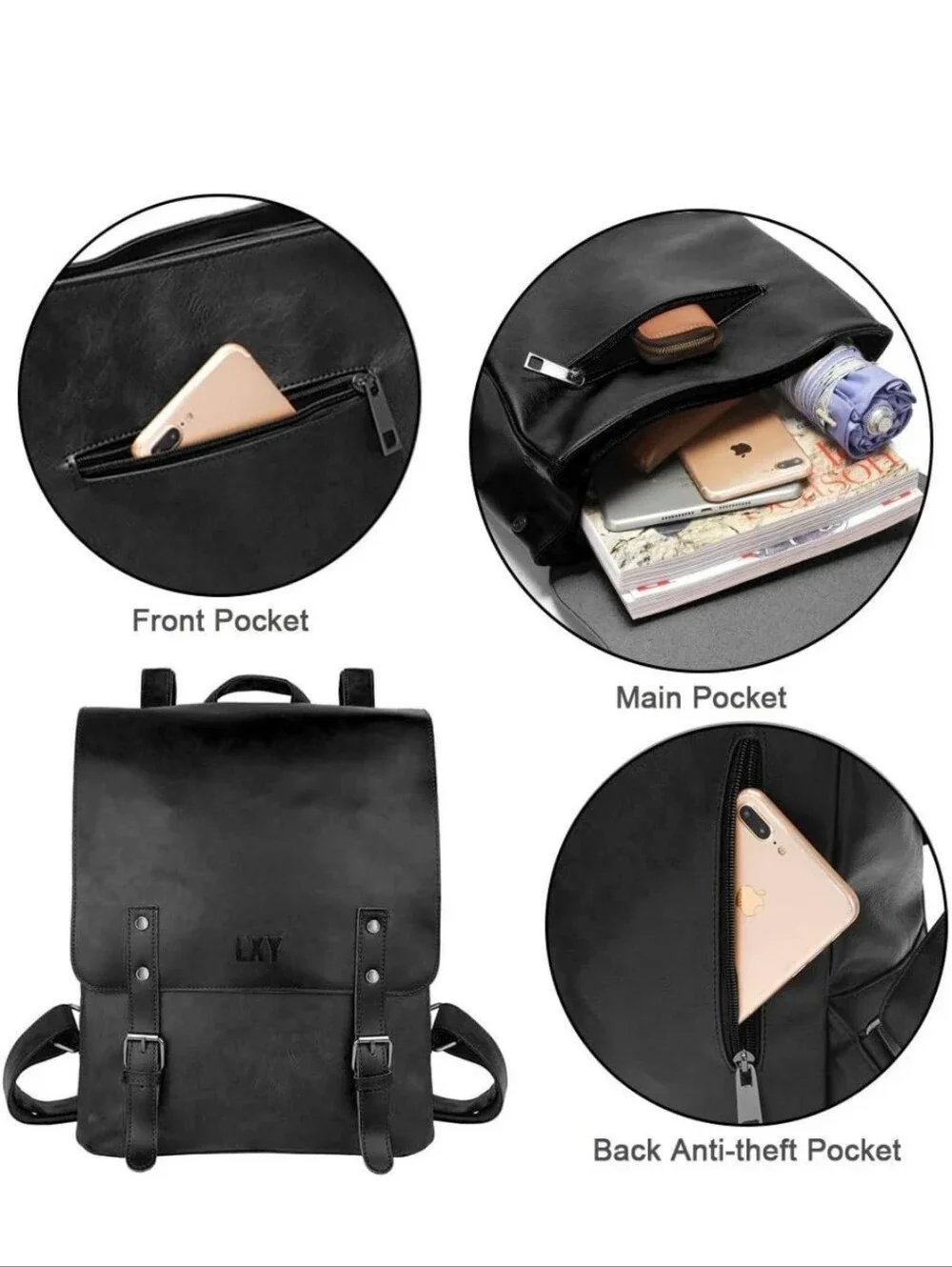 LXY Vegan Leather Vintage Laptop Backpack in black